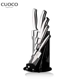 【義大利CUOCO】一體成形高級不鏽鋼刀具6件組(料理刀、剁刀、鋸齒刀、萬用刀、水果刀、刀座)