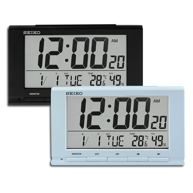 Seiko 精工 溫溼度顯示日期貪睡鬧鈴長方形鬧鐘電子鐘 淡藍 黑 Qhl090 Pchome 24h購物