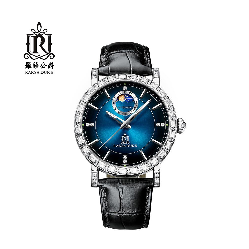 蘇格蘭皇家品牌 RAKSA DUKE羅薩公爵 海洋璀璨藍寶鑲鑽日月星辰自動上鍊機械黑皮帶腕錶