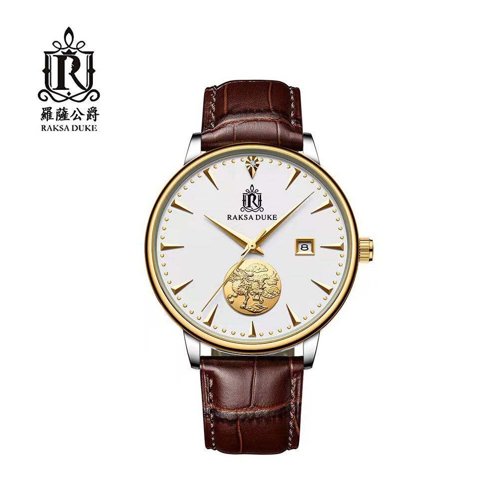 蘇格蘭皇家品牌 RAKSA DUKE羅薩公爵 精金百鍊簡約經典自動上鍊機械咖皮帶腕錶