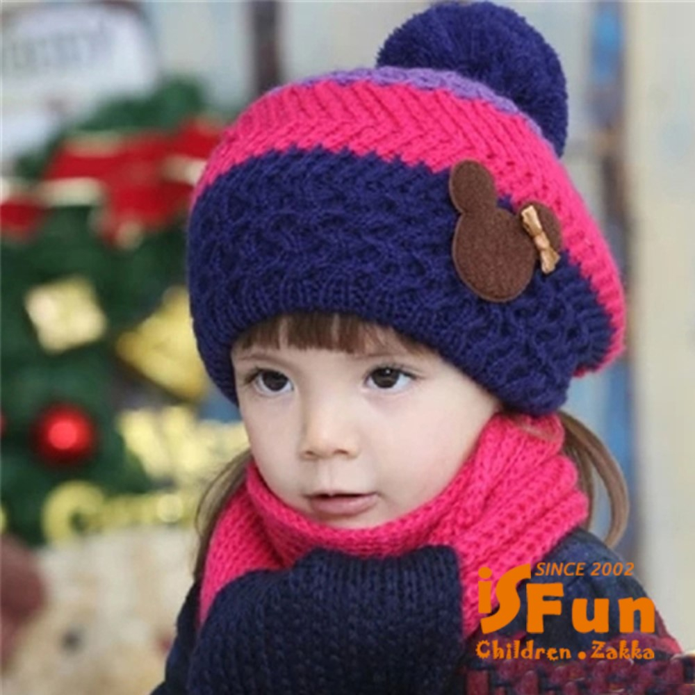Isfun 雙色針織 保暖貝蕾毛線帽 圍巾 桃紫 Pchome 24h購物