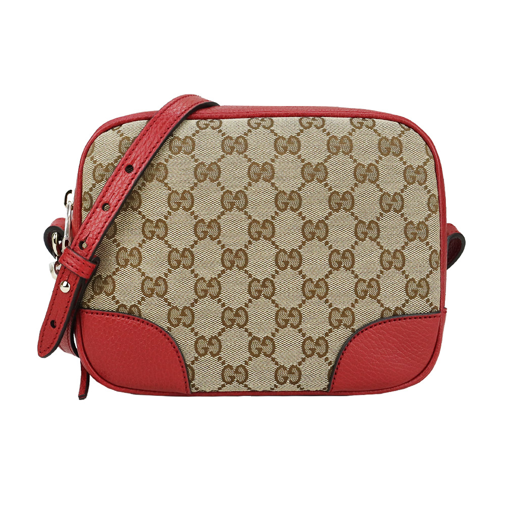 Gucci Gg 經典織布緹花皮革飾邊方形斜背包 卡其x皮革紅 Pchome 24h購物