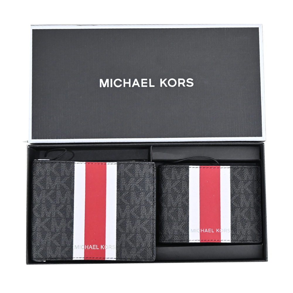 MICHAEL KORS MK直紋滿版對開短夾(附證件夾)禮盒組-黑/紅- PChome 24h購物