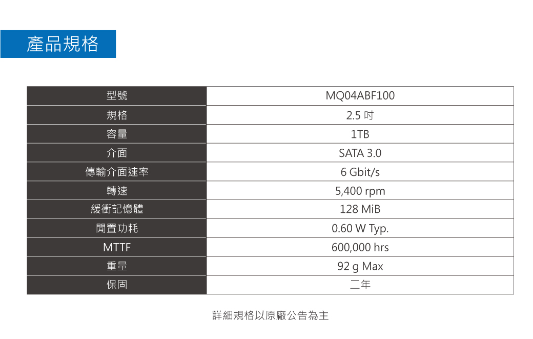 Toshiba【2.5吋】(MQ04ABF100) 1TB/5400轉/128MB/2.5吋/2Y - PChome 24h購物